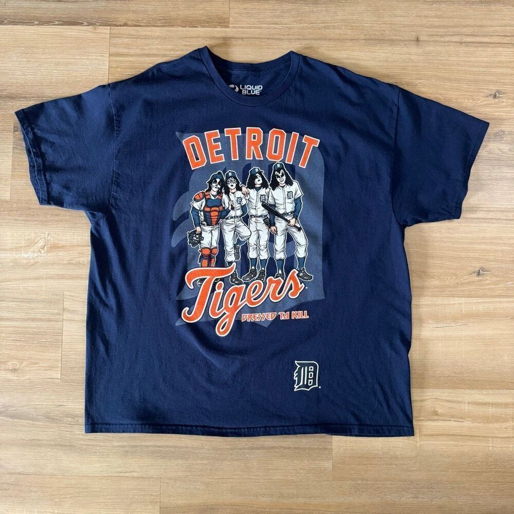 Kiss Detroit Tigers Dress To Kill Navy Blue Shirt Size XXL Classic Rock Baseball
